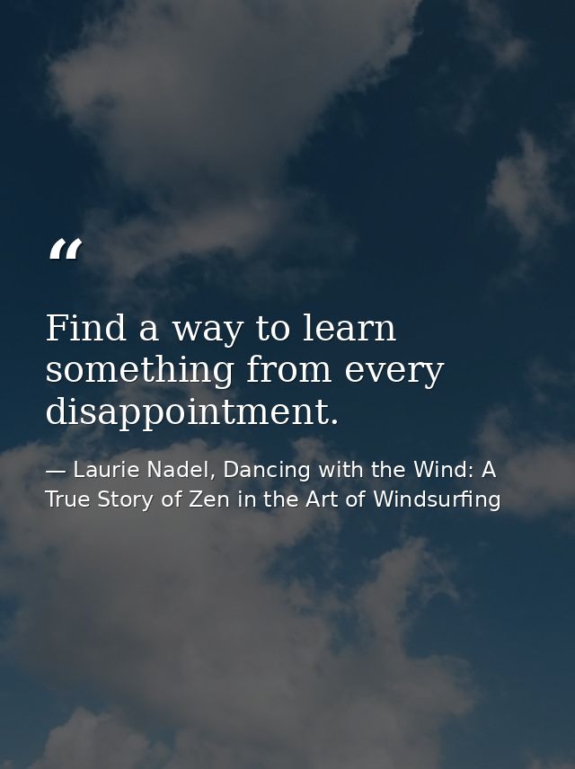 Find a way to learn something from every disappointment. — Laurie Nadel, Dancing with the Wind: A True Story of Zen in the Art of Windsurfing