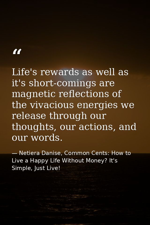 Life's rewards as well as it's short-comings are magnetic reflections of the vivacious energies we release through our t — Netiera Danise, Common Cents: How to Live a Happy Life Without Money? It's Simple, Just Live!