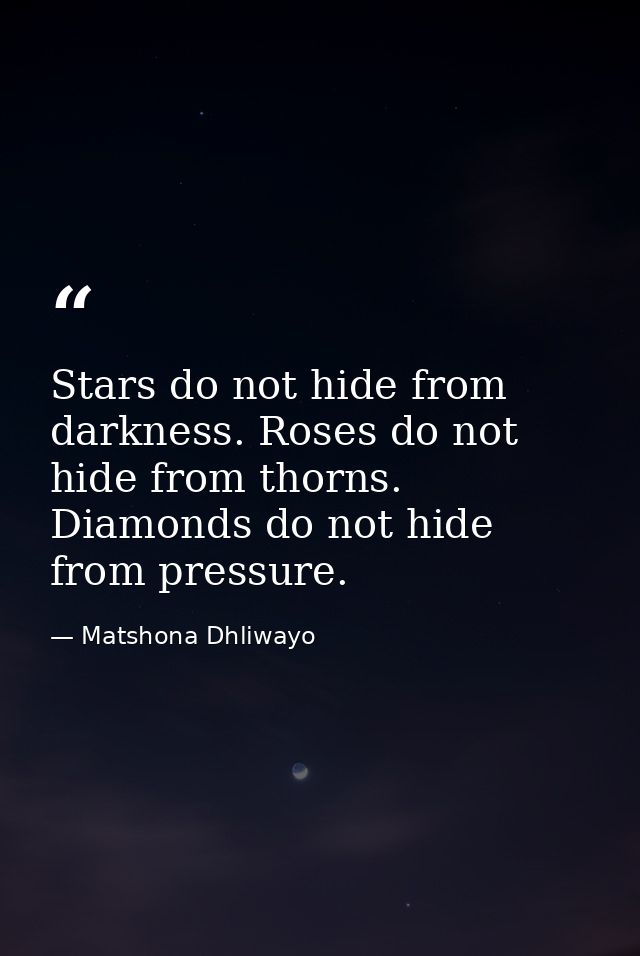 Stars do not hide from darkness. Roses do not hide from thorns. Diamonds do not hide from pressure. — Matshona Dhliwayo