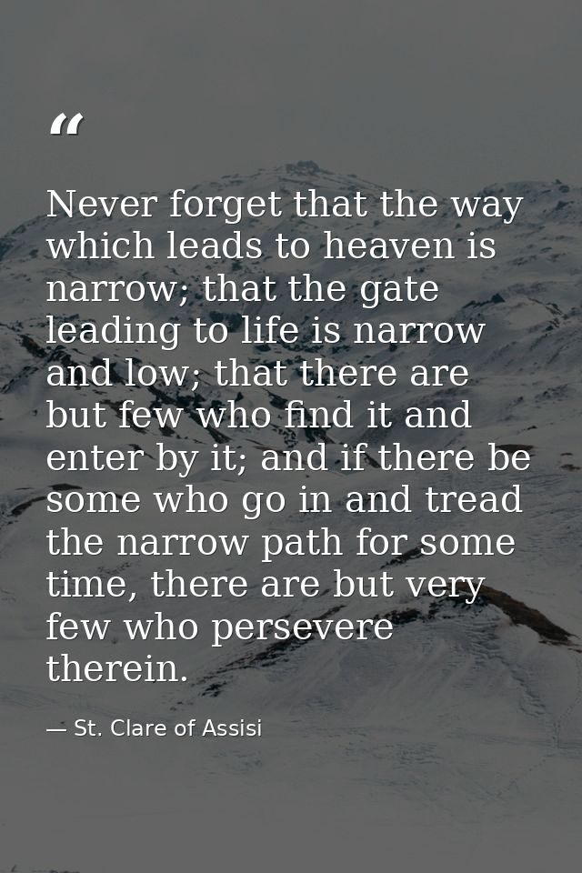 Never forget that the way which leads to heaven is narrow; that the gate leading to life is narrow and low; that there a — St. Clare of Assisi