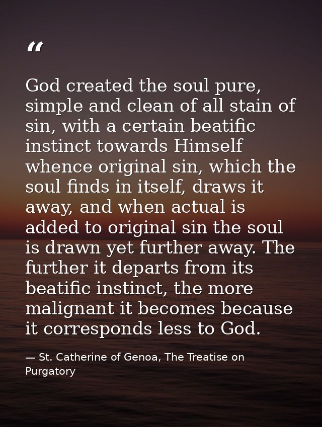 God created the soul pure, simple and clean of all stain of sin, with a certain beatific instinct towards Himself whence — St. Catherine of Genoa, The Treatise on Purgatory