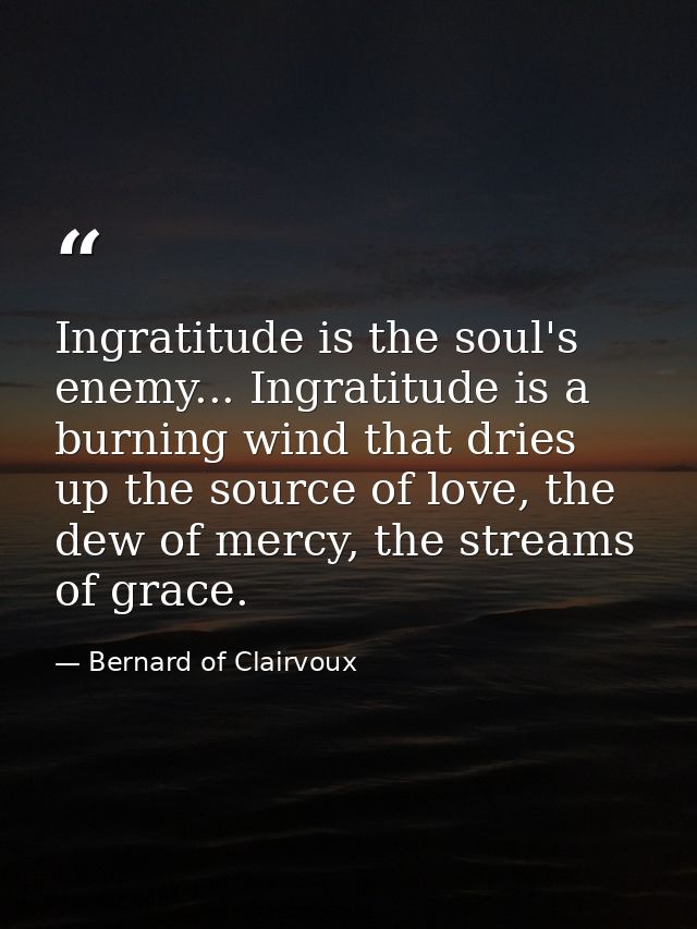 Ingratitude is the soul's enemy... Ingratitude is a burning wind that dries up the source of love, the dew of mercy, the — Bernard of Clairvoux