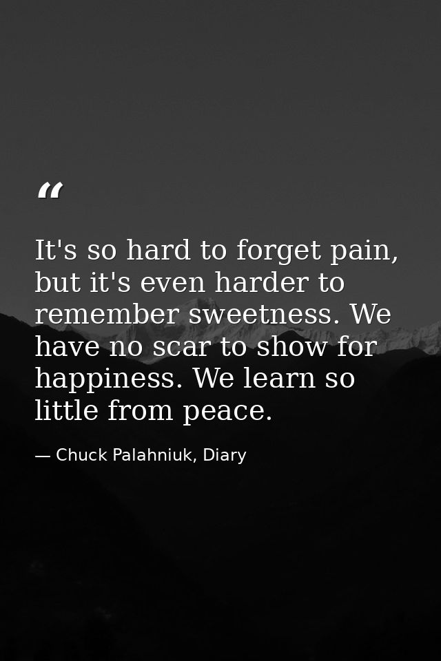It's so hard to forget pain, but it's even harder to remember sweetness. We have no scar to show for happiness. We learn — Chuck Palahniuk, Diary