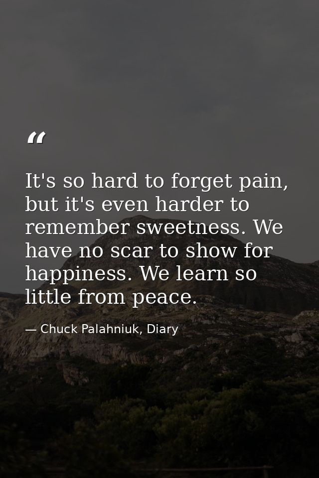 It's so hard to forget pain, but it's even harder to remember sweetness. We have no scar to show for happiness. We learn — Chuck Palahniuk, Diary