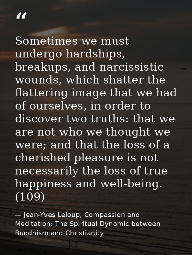 Sometimes we must undergo hardships, breakups, and narcissistic wounds, which shatter the flattering image that we had o — Jean-Yves Leloup, Compassion and Meditation: The Spiritual Dynamic between Buddhism and Christianity