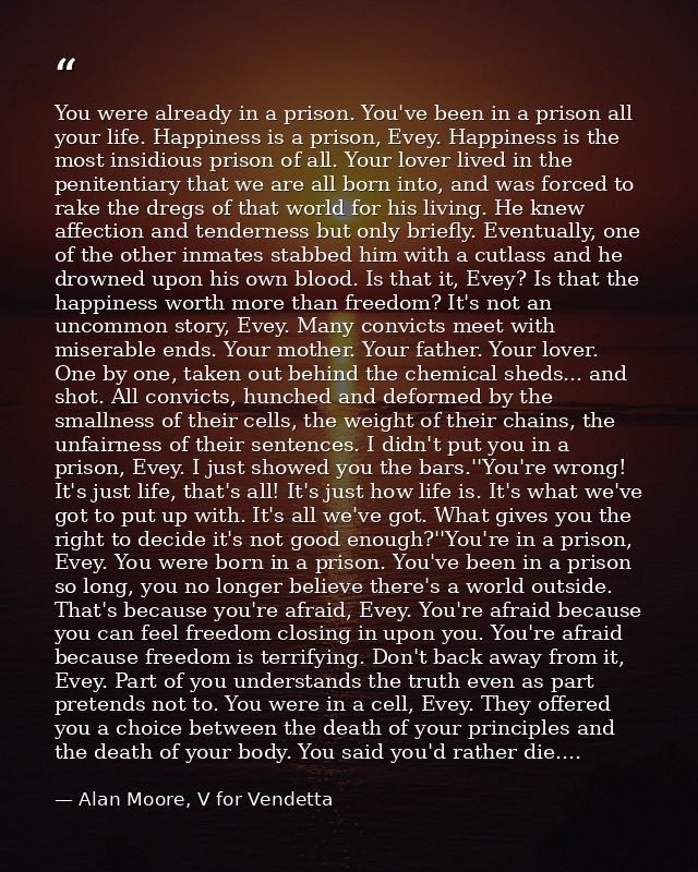 You were already in a prison. You've been in a prison all your life. Happiness is a prison, Evey. Happiness is the most  — Alan Moore, V for Vendetta