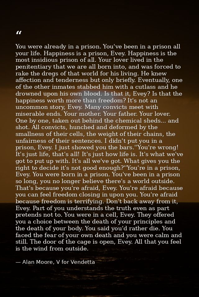 You were already in a prison. You've been in a prison all your life. Happiness is a prison, Evey. Happiness is the most  — Alan Moore, V for Vendetta