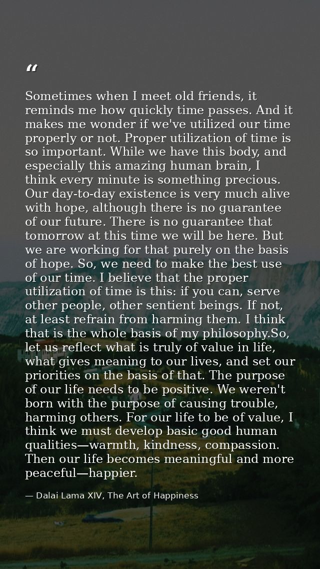 Sometimes when I meet old friends, it reminds me how quickly time passes. And it makes me wonder if we've utilized our t — Dalai Lama XIV, The Art of Happiness