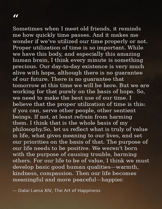 Sometimes when I meet old friends, it reminds me how quickly time passes. And it makes me wonder if we've utilized our t — Dalai Lama XIV, The Art of Happiness