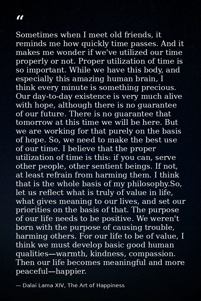 Sometimes when I meet old friends, it reminds me how quickly time passes. And it makes me wonder if we've utilized our t — Dalai Lama XIV, The Art of Happiness