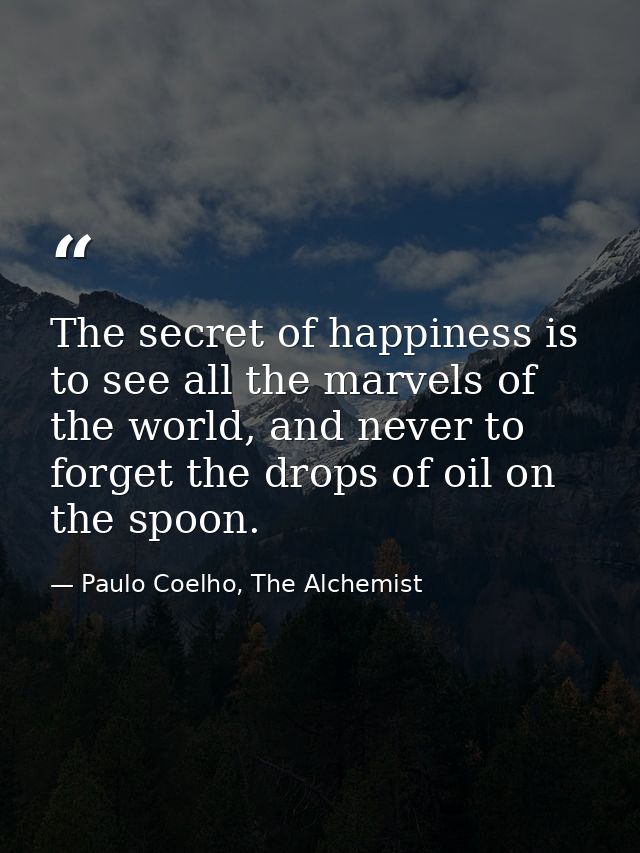 The secret of happiness is to see all the marvels of the world, and never to forget the drops of oil on the spoon. — Paulo Coelho, The Alchemist
