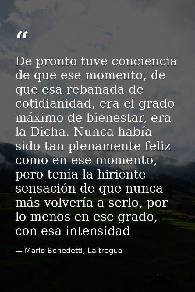 De pronto tuve conciencia de que ese momento, de que esa rebanada de cotidianidad, era el grado máximo de bienestar, era — Mario Benedetti, La tregua