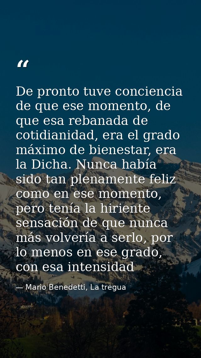 De pronto tuve conciencia de que ese momento, de que esa rebanada de cotidianidad, era el grado máximo de bienestar, era — Mario Benedetti, La tregua