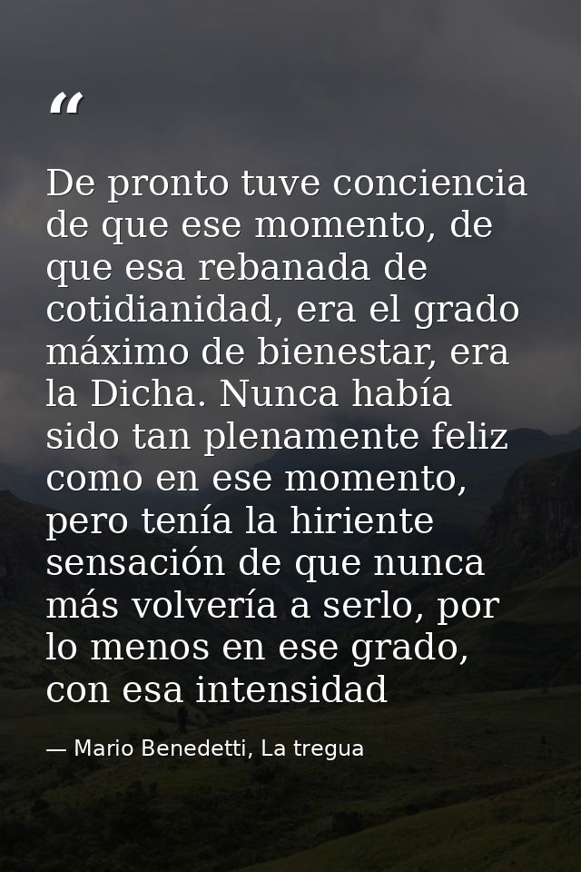 De pronto tuve conciencia de que ese momento, de que esa rebanada de cotidianidad, era el grado máximo de bienestar, era — Mario Benedetti, La tregua