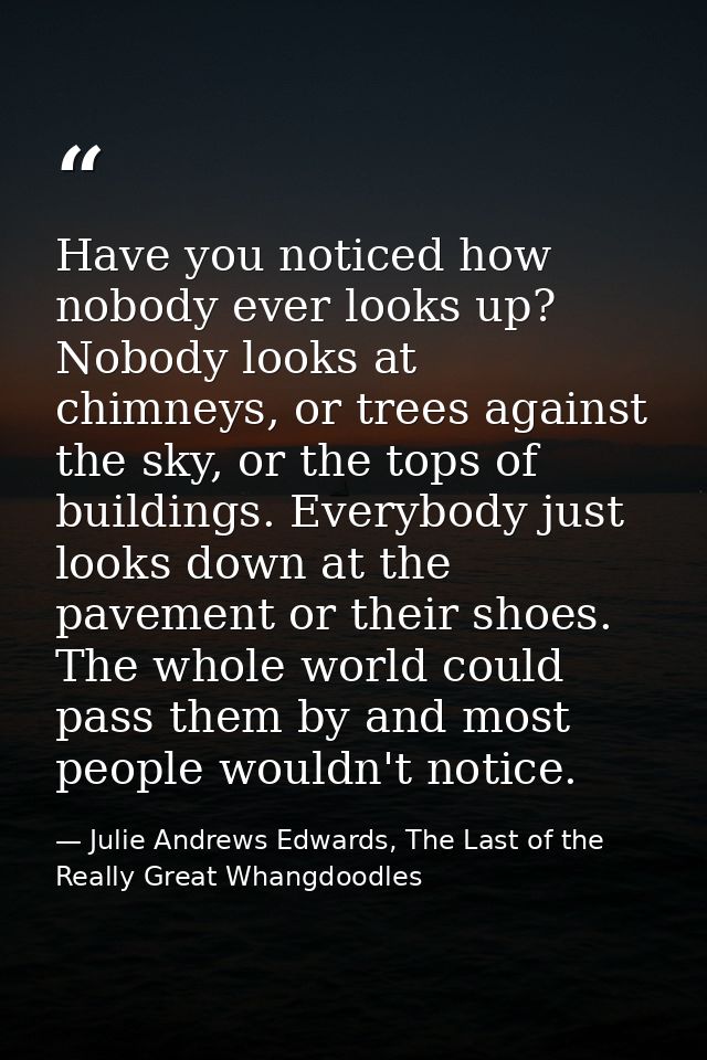 Have you noticed how nobody ever looks up? Nobody looks at chimneys, or trees against the sky, or the tops of buildings. — Julie Andrews Edwards, The Last of the Really Great Whangdoodles