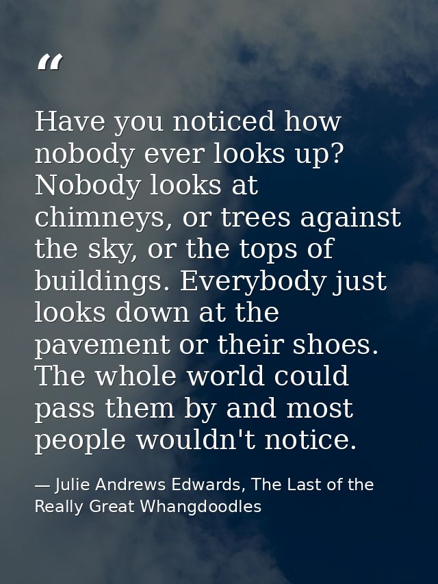 Have you noticed how nobody ever looks up? Nobody looks at chimneys, or trees against the sky, or the tops of buildings. — Julie Andrews Edwards, The Last of the Really Great Whangdoodles