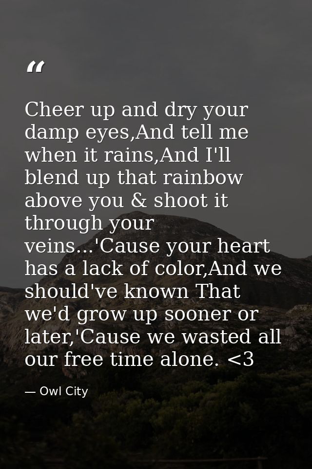 Cheer up and dry your damp eyes,And tell me when it rains,And I'll blend up that rainbow above you & shoot it through yo — Owl City