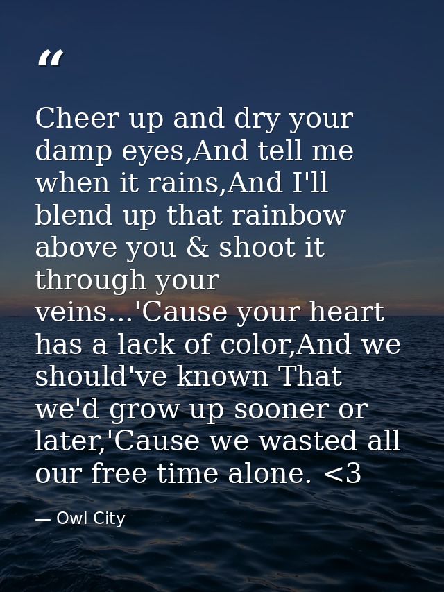 Cheer up and dry your damp eyes,And tell me when it rains,And I'll blend up that rainbow above you & shoot it through yo — Owl City