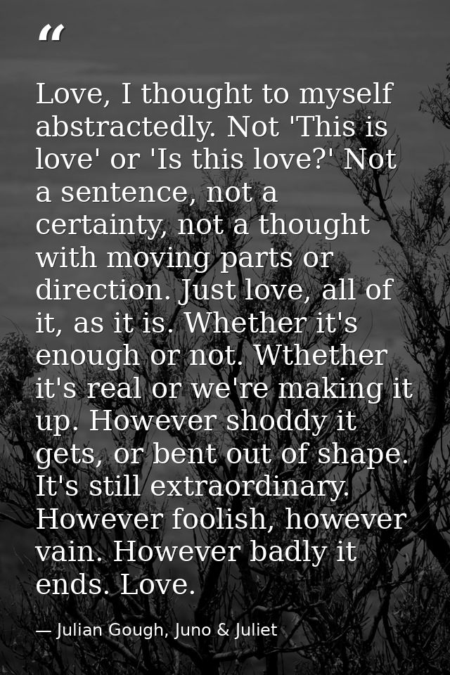 Love, I thought to myself abstractedly. Not 'This is love' or 'Is this love?' Not a sentence, not a certainty, not a tho — Julian Gough, Juno & Juliet