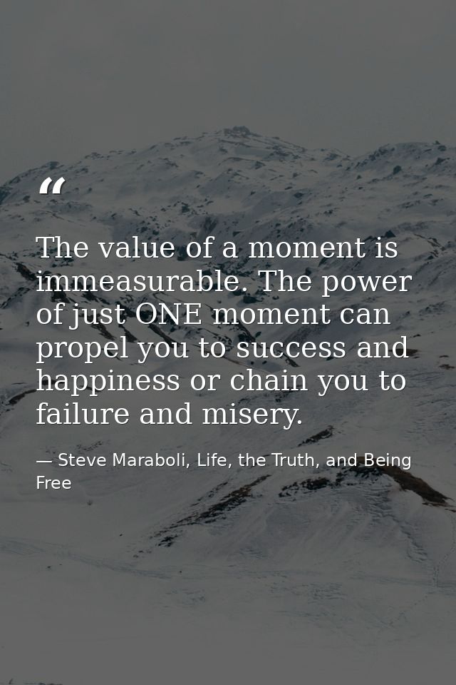 The value of a moment is immeasurable. The power of just ONE moment can propel you to success and happiness or chain you — Steve Maraboli, Life, the Truth, and Being Free