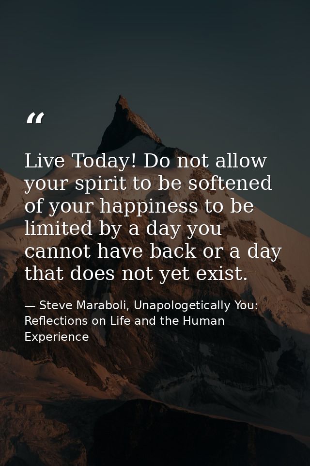 Live Today! Do not allow your spirit to be softened of your happiness to be limited by a day you cannot have back or a d — Steve Maraboli, Unapologetically You: Reflections on Life and the Human Experience