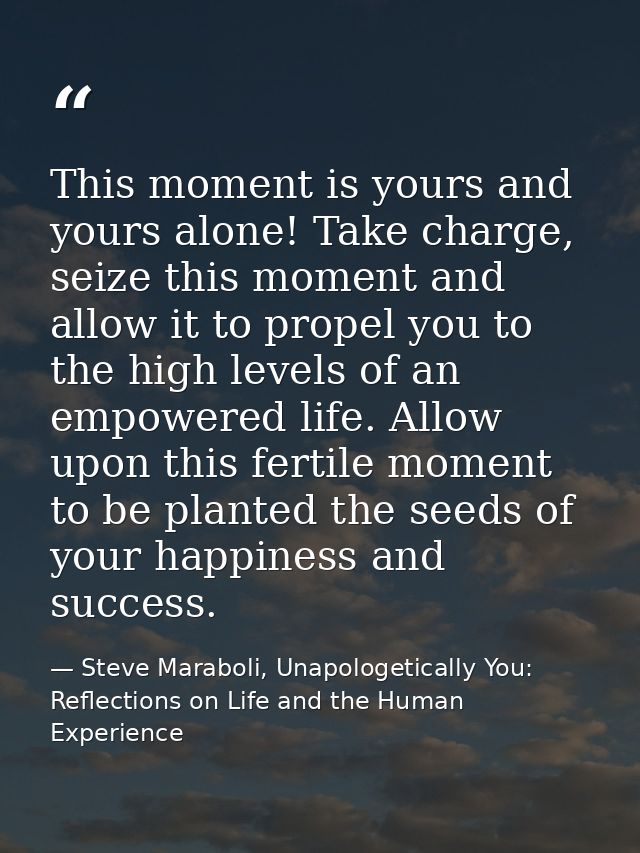 This moment is yours and yours alone! Take charge, seize this moment and allow it to propel you to the high levels of an — Steve Maraboli, Unapologetically You: Reflections on Life and the Human Experience