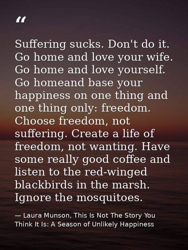 Suffering sucks. Don't do it. Go home and love your wife. Go home and love yourself. Go homeand base your happiness on o — Laura Munson, This Is Not The Story You Think It Is: A Season of Unlikely Happiness