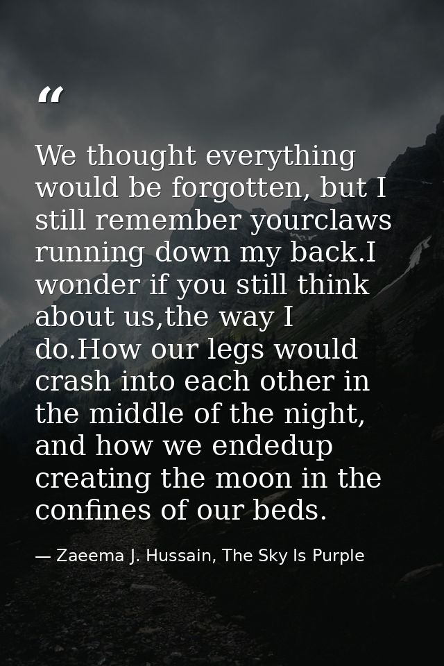 We thought everything would be forgotten, but I still remember yourclaws running down my back.I wonder if you still thin — Zaeema J. Hussain, The Sky Is Purple