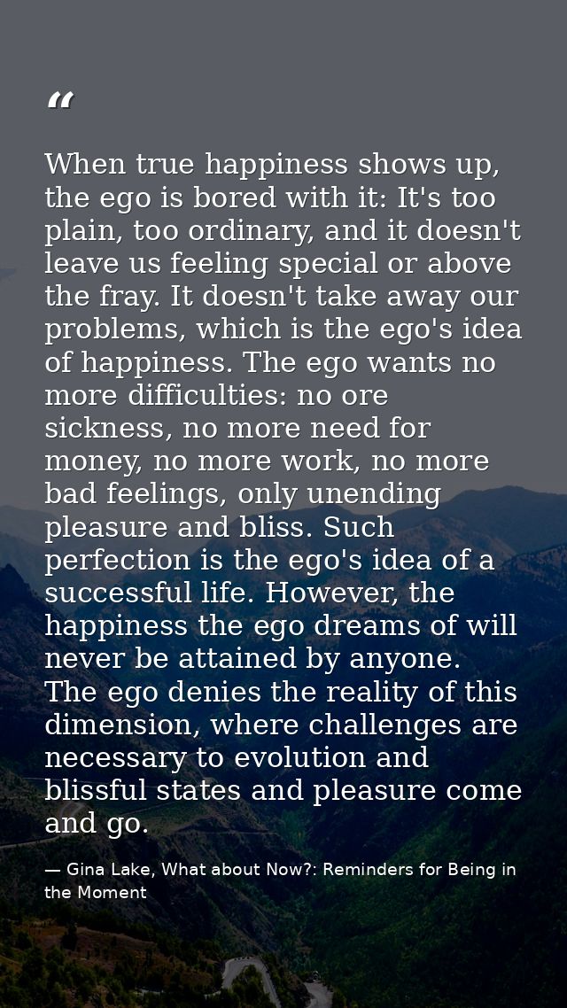 When true happiness shows up, the ego is bored with it: It's too plain, too ordinary, and it doesn't leave us feeling sp — Gina Lake, What about Now?: Reminders for Being in the Moment