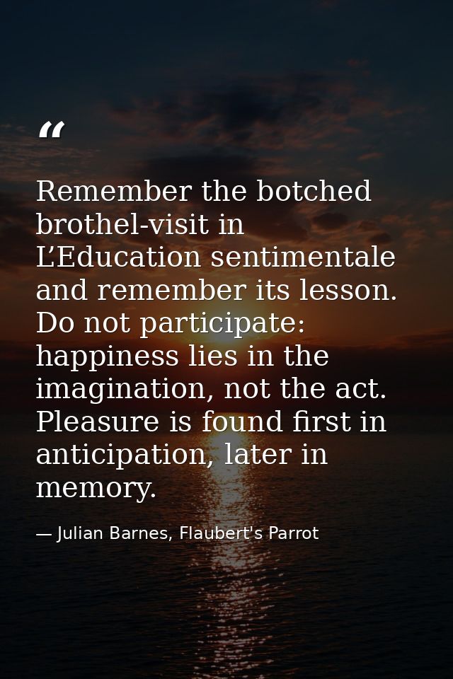 Remember the botched brothel-visit in L’Education sentimentale and remember its lesson. Do not participate: happiness li — Julian Barnes, Flaubert's Parrot