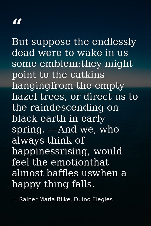 But suppose the endlessly dead were to wake in us some emblem:they might point to the catkins hangingfrom the empty haze — Rainer Maria Rilke, Duino Elegies