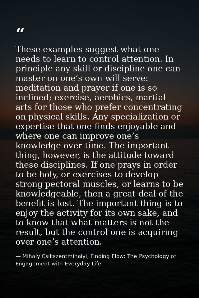 These examples suggest what one needs to learn to control attention. In principle any skill or discipline one can master — Mihaly Csikszentmihalyi, Finding Flow: The Psychology of Engagement with Everyday Life