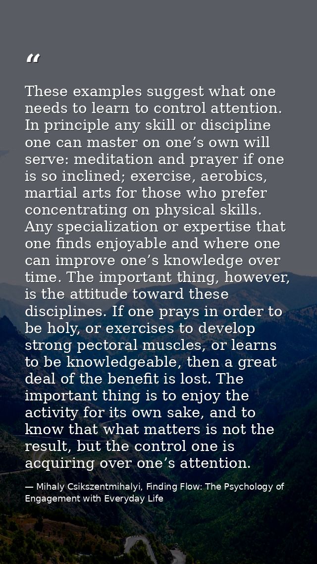 These examples suggest what one needs to learn to control attention. In principle any skill or discipline one can master — Mihaly Csikszentmihalyi, Finding Flow: The Psychology of Engagement with Everyday Life
