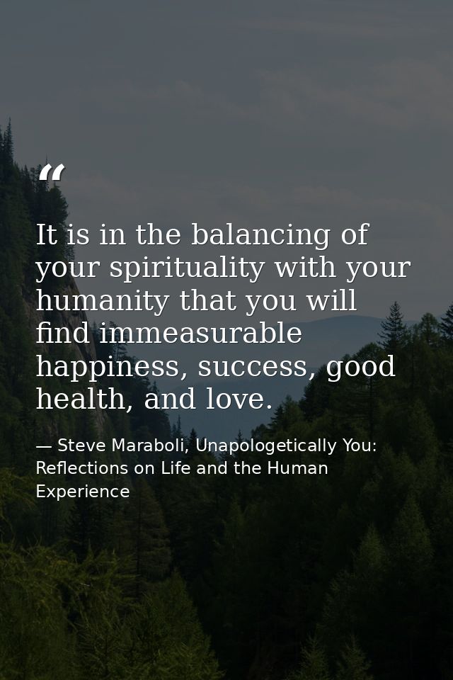 It is in the balancing of your spirituality with your humanity that you will find immeasurable happiness, success, good  — Steve Maraboli, Unapologetically You: Reflections on Life and the Human Experience