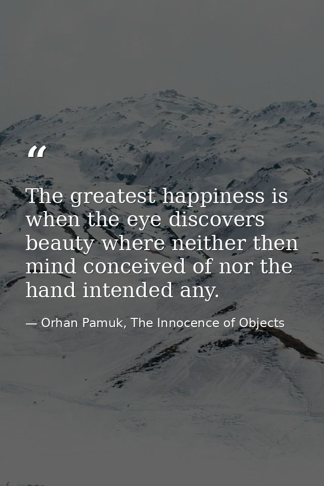The greatest happiness is when the eye discovers beauty where neither then mind conceived of nor the hand intended any. — Orhan Pamuk, The Innocence of Objects