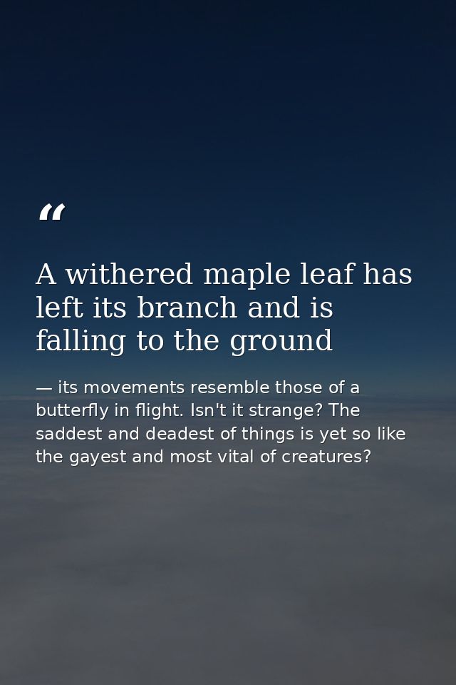 A withered maple leaf has left its branch and is falling to the ground — its movements resemble those of a butterfly in flight. Isn't it strange? The saddest and deadest of things is yet so like the gayest and most vital of creatures?