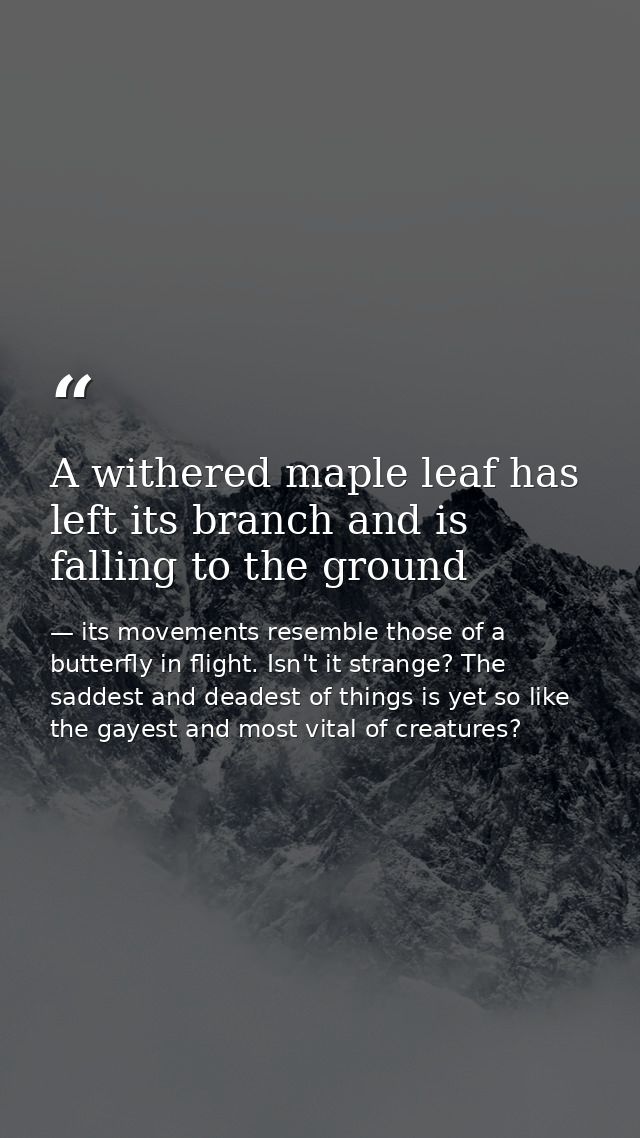 A withered maple leaf has left its branch and is falling to the ground — its movements resemble those of a butterfly in flight. Isn't it strange? The saddest and deadest of things is yet so like the gayest and most vital of creatures?