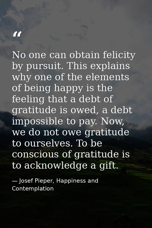 No one can obtain felicity by pursuit. This explains why one of the elements of being happy is the feeling that a debt o — Josef Pieper, Happiness and Contemplation