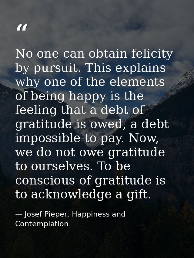No one can obtain felicity by pursuit. This explains why one of the elements of being happy is the feeling that a debt o — Josef Pieper, Happiness and Contemplation