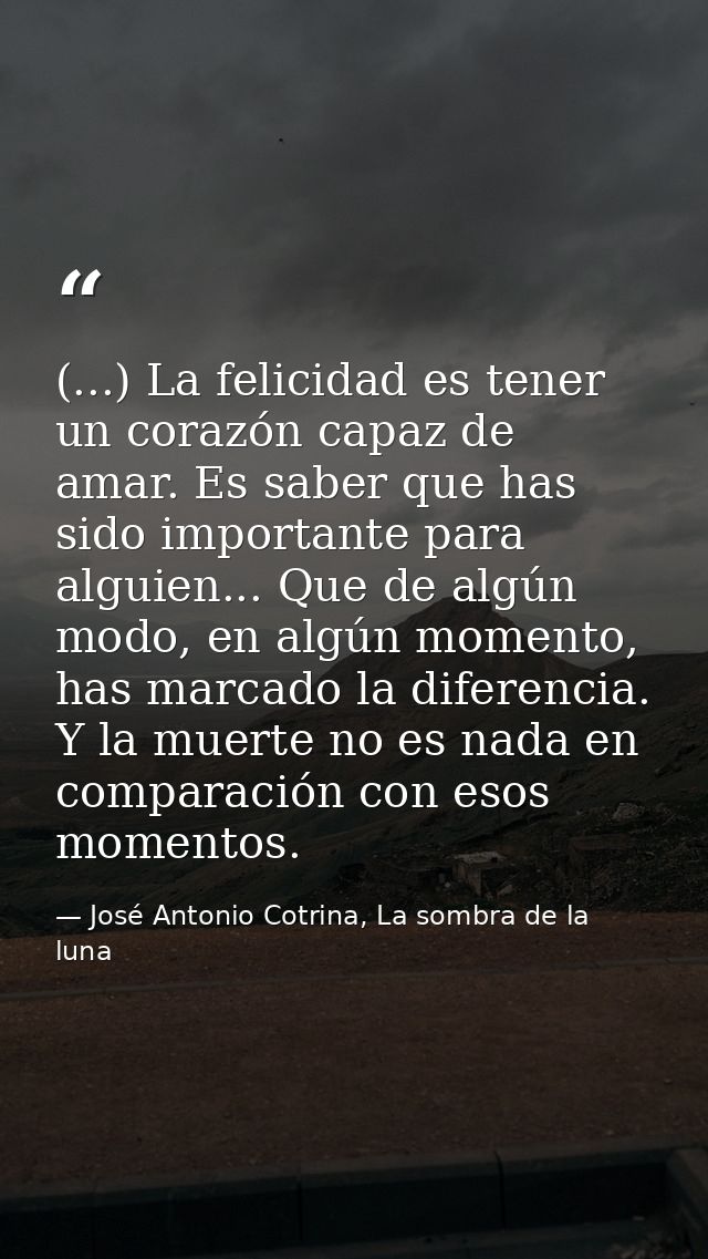 (...) La felicidad es tener un corazón capaz de amar. Es saber que has sido importante para alguien... Que de algún modo — José Antonio Cotrina, La sombra de la luna