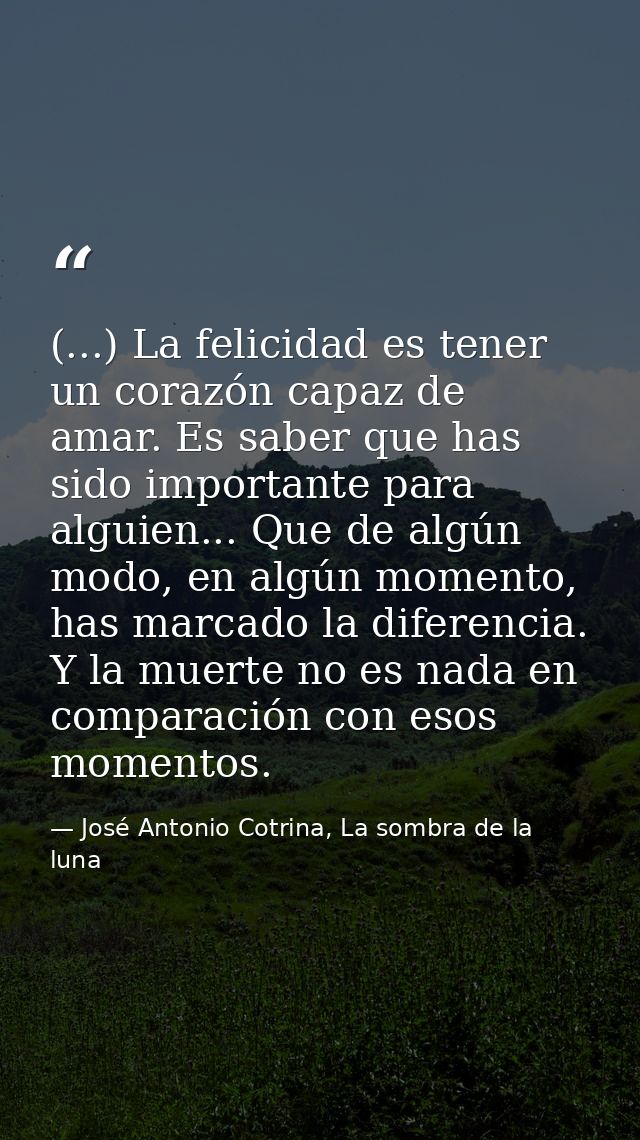 (...) La felicidad es tener un corazón capaz de amar. Es saber que has sido importante para alguien... Que de algún modo — José Antonio Cotrina, La sombra de la luna