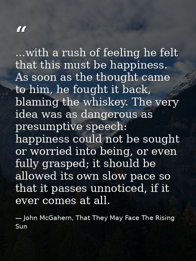 ...with a rush of feeling he felt that this must be happiness. As soon as the thought came to him, he fought it back, bl — John McGahern, That They May Face The Rising Sun