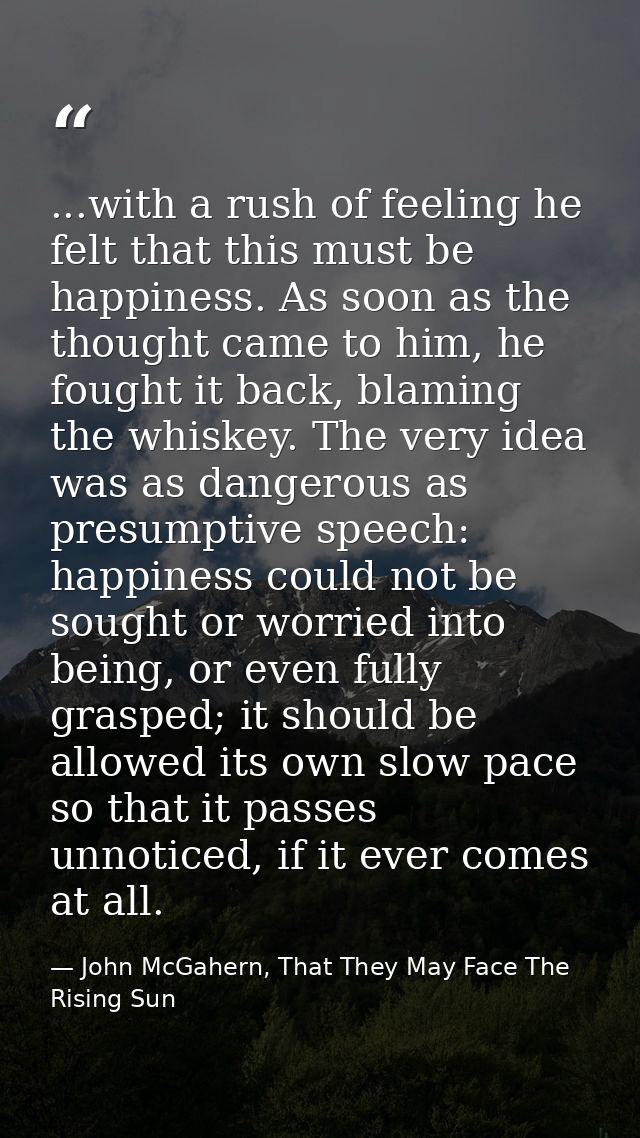 ...with a rush of feeling he felt that this must be happiness. As soon as the thought came to him, he fought it back, bl — John McGahern, That They May Face The Rising Sun