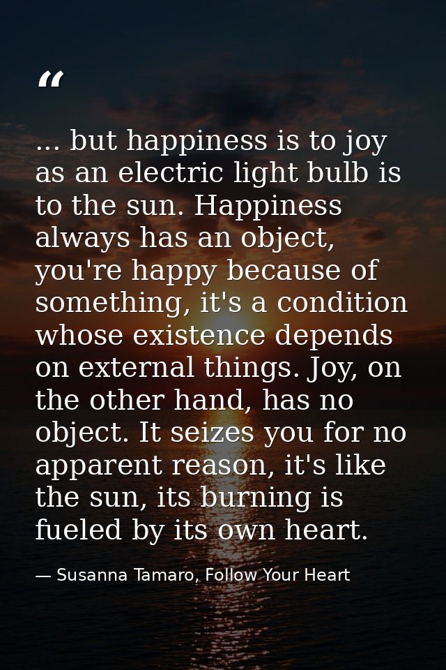 ... but happiness is to joy as an electric light bulb is to the sun. Happiness always has an object, you're happy becaus — Susanna Tamaro, Follow Your Heart