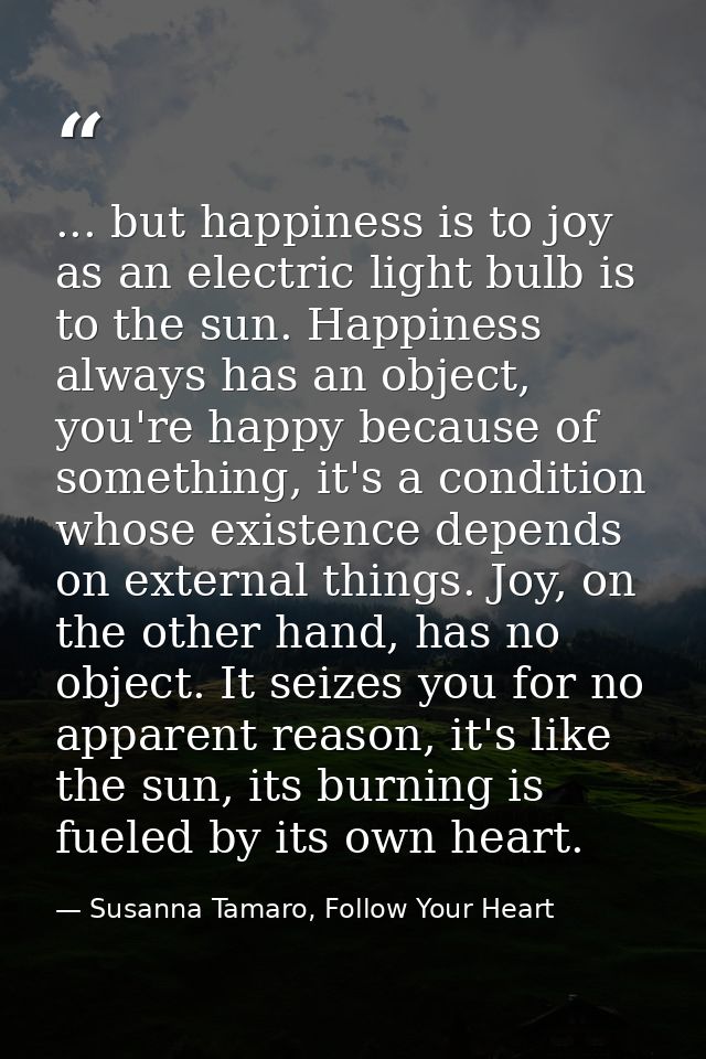 ... but happiness is to joy as an electric light bulb is to the sun. Happiness always has an object, you're happy becaus — Susanna Tamaro, Follow Your Heart