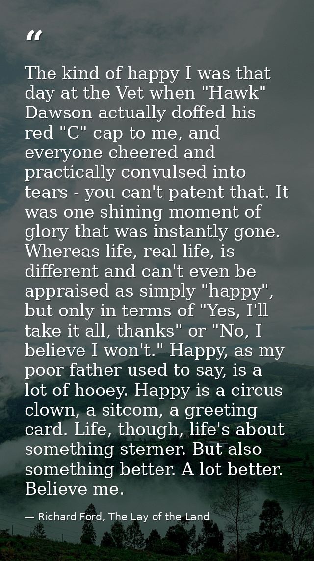 The kind of happy I was that day at the Vet when "Hawk" Dawson actually doffed his red "C" cap to me, and everyone cheer — Richard Ford, The Lay of the Land