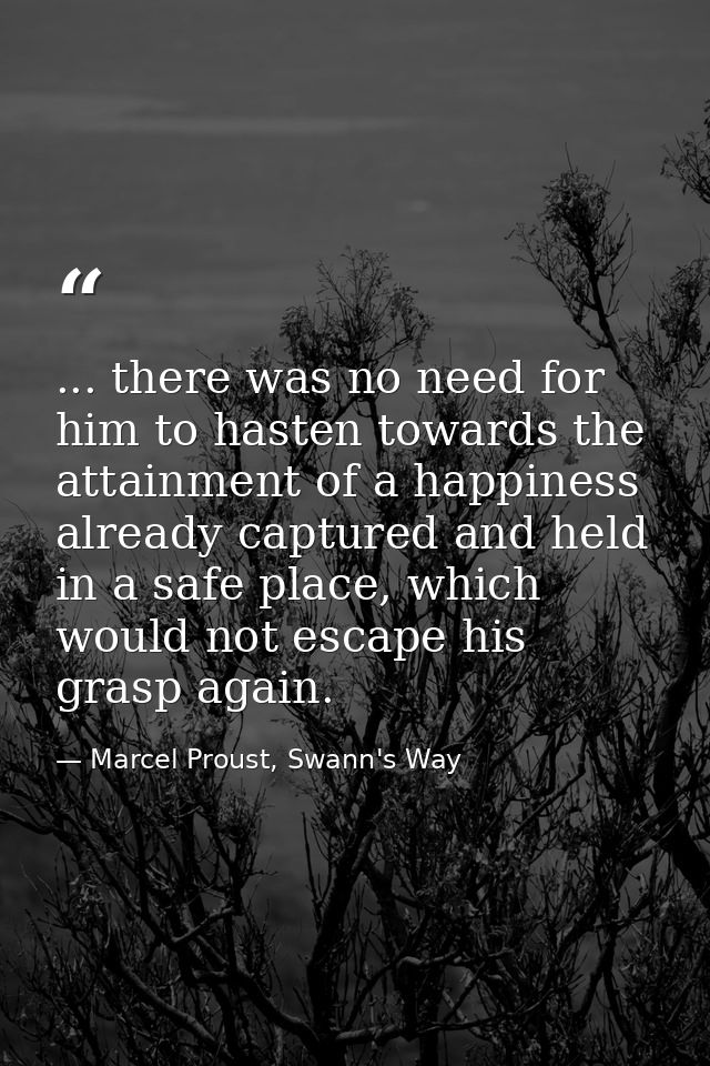 ... there was no need for him to hasten towards the attainment of a happiness already captured and held in a safe place, — Marcel Proust, Swann's Way