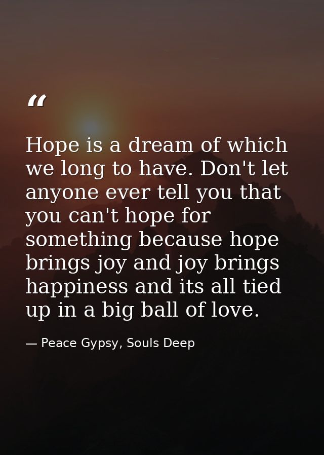 Hope is a dream of which we long to have. Don't let anyone ever tell you that you can't hope for something because hope  — Peace Gypsy, Souls Deep