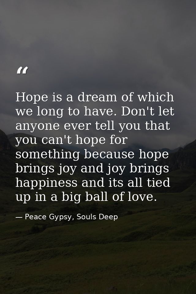 Hope is a dream of which we long to have. Don't let anyone ever tell you that you can't hope for something because hope  — Peace Gypsy, Souls Deep