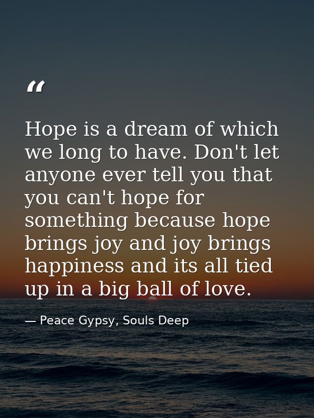 Hope is a dream of which we long to have. Don't let anyone ever tell you that you can't hope for something because hope  — Peace Gypsy, Souls Deep
